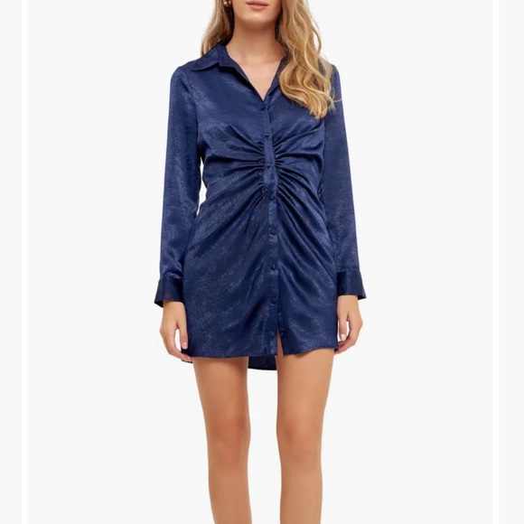 Anthropologie Endless Rose Ruched Bodycon Satin Shirtdress long sleeve LARGE NWT - Picture 4 of 12